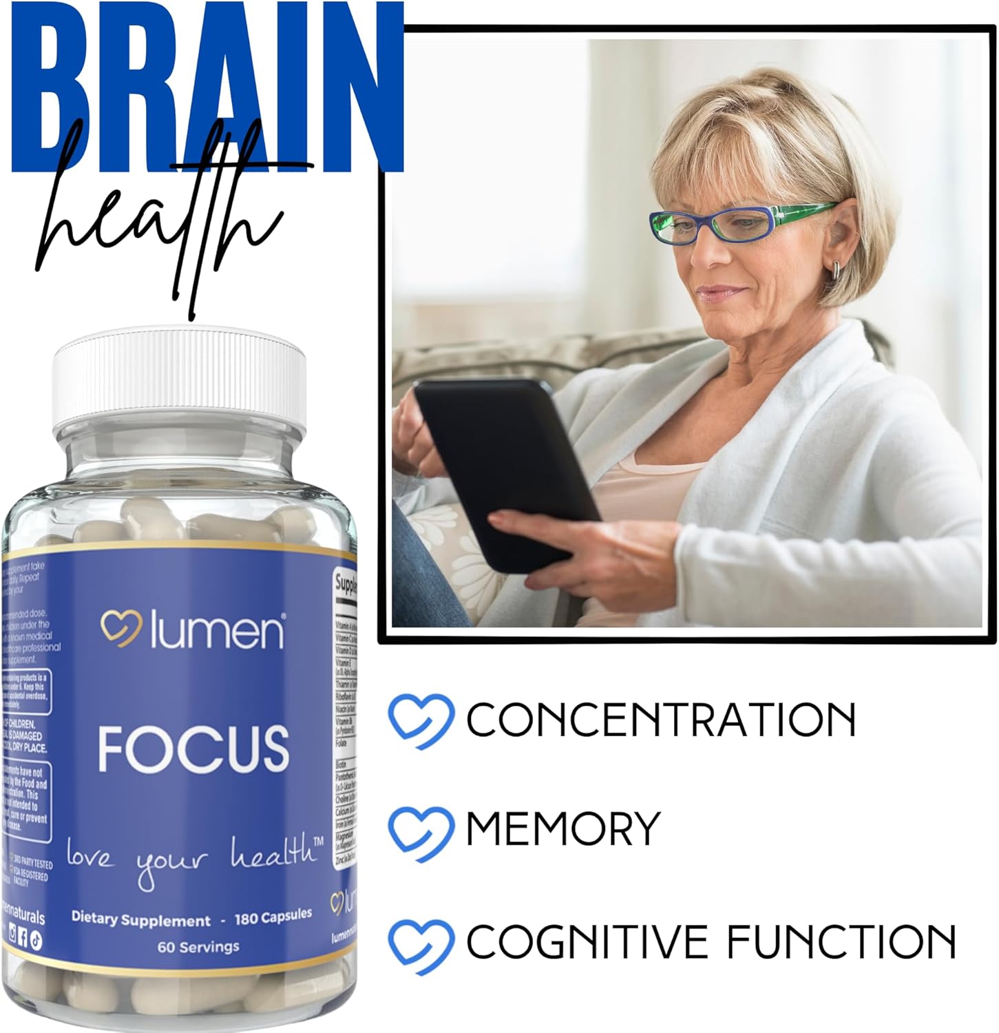 Lumen Naturals Focus Neuro Brain Supplement for Women – with Vitamins C, D, E, B6, Riboflavin, Biotin & Zinc – 180 Capsules – 60 Servings – Non-GMO & Gluten-Free