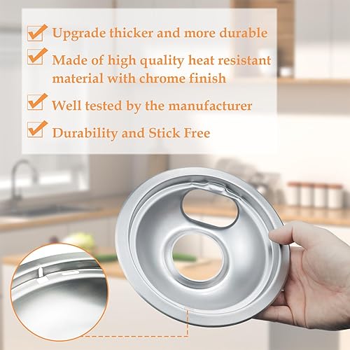 Miniatura 3 de Paquete de 4 bandejas de goteo cromadas mejoradas, cuencos reflectores compatibles con Whirlpool W10196405 W10196406 W10278125 (dos de 6 pulgadas y