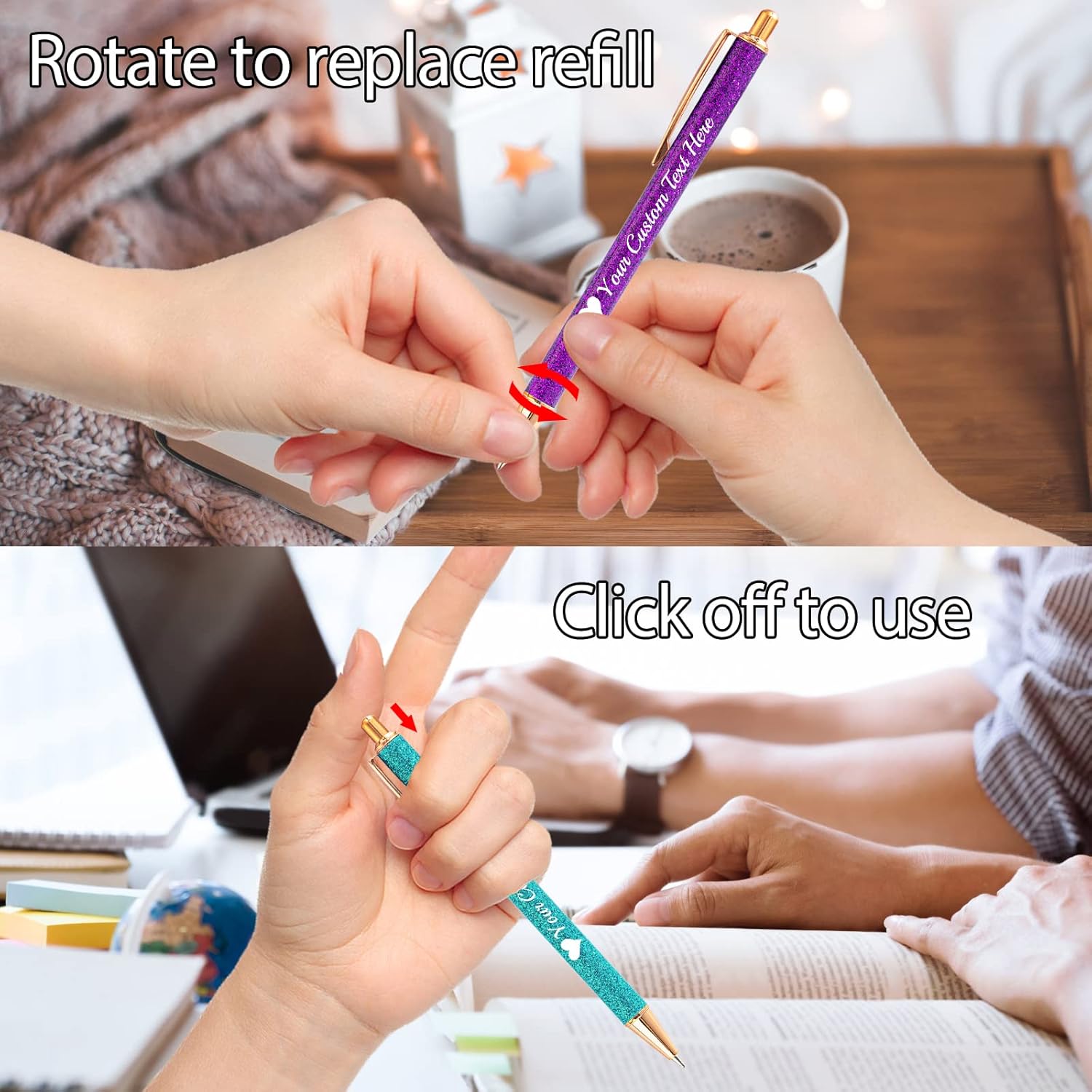 Personalized Glitter Pens with Name Bulk 20 Pcs Custom Pens with Stylus Tips for Women Girls Customized Metallic Printed Ballpoint Pens with Logo Message for Business Men Wedding School Office Gifts