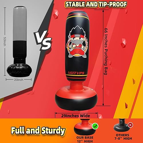 Miniatura 3 de Juego de saco de boxeo inflable, saco de boxeo de 66 pulgadas para niños y niñas de 8 a 12 años con guantes de boxeo para niños, súper bomba de