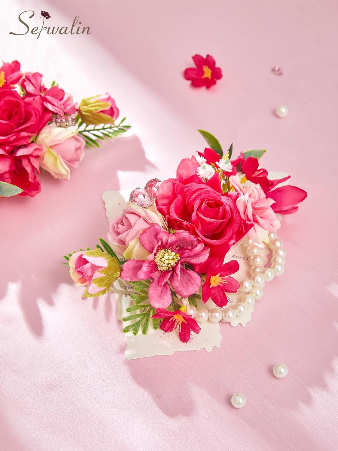 Serwalin 2Pcs Corsage and Boutonniere Set,Hot Pink Rose Corsage Wristlet and Pocket Boutonniere for Prom Wedding Homecoming Anniversary Graduation