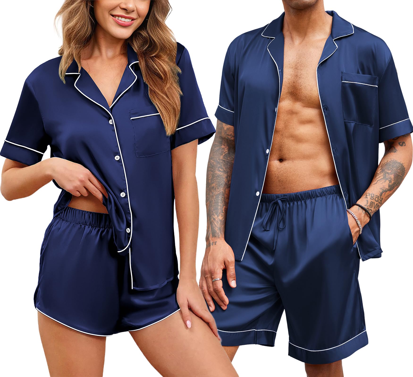 Silk Satin Matching Pajamas Sets Couple Button Down Nightwear Women & Men Short Sleeve Sleepwear 2 Pieces Loungewear, Navy Blue, Large-image-37