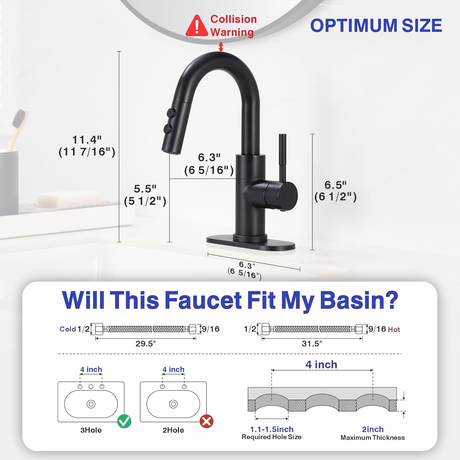 Bathroom Sink Faucet with Pull Down Sprayer, Matte Black Single Handle Pull Out Faucet with Pop-Up Drain, 1 or 3 Hole Laundry Bar Basin Faucet with Deck Plate, KBL-7002B-CL2 - Image 5