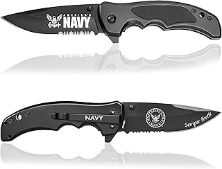 Military Gift Shop Navy Tactical Knife-Spring Assisted, Black Titanium Coated, Reversible Clip-EDC Survival Tool USN Gifts - Disabled Vet Owned SMALL Business
