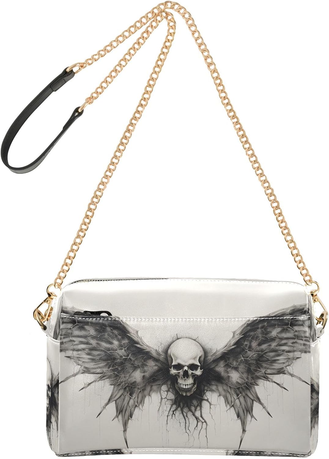 Women Crossbody Bag Shoulder Handbag Cellphone Purse Wings Skull Print, PU Leather Metal Chain Strap Water Resistant Zipper Closure