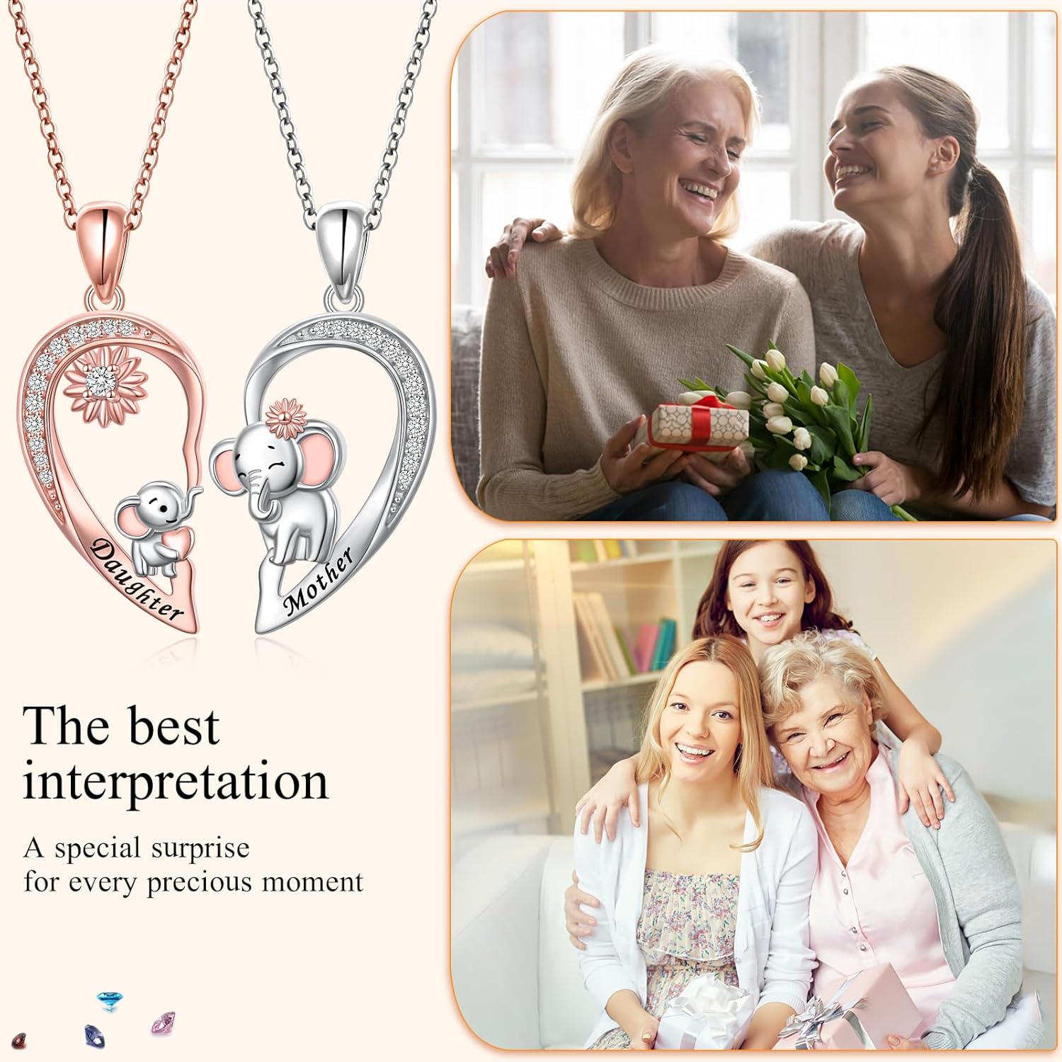 Mother Daughter Necklaces 925 Sterling Silver Rose/Sunflower/Sun moon Heart Matching Pendant Family Jewelry Mom and Daughter Gift for Mom Mothers Day Birthday Present - Image 6