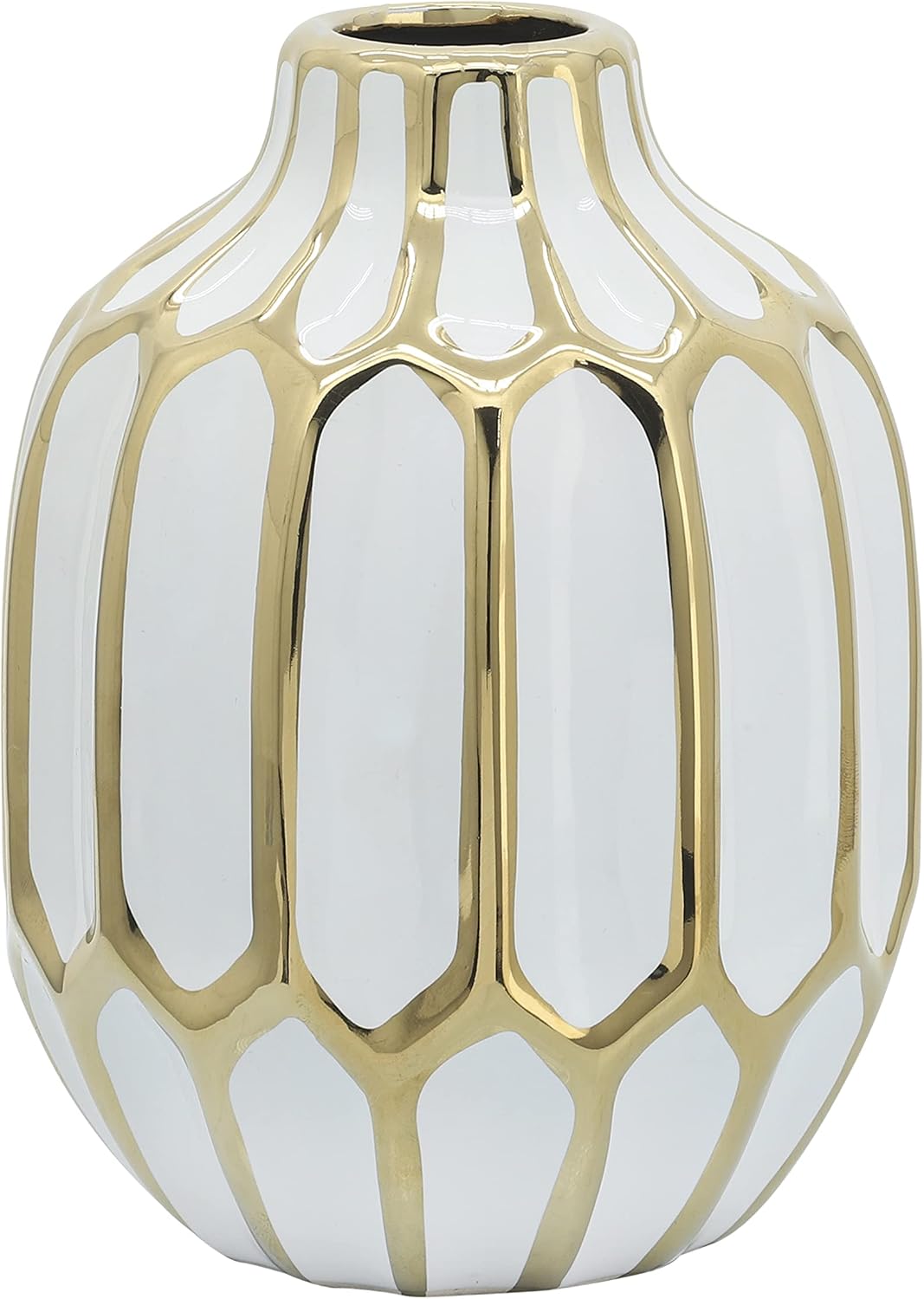Sagebrook Home Small Decorative Ceramic Bud Vase for Table and Shelf Decor, White and Gold, 6 L x 6 W x 8 H Inches