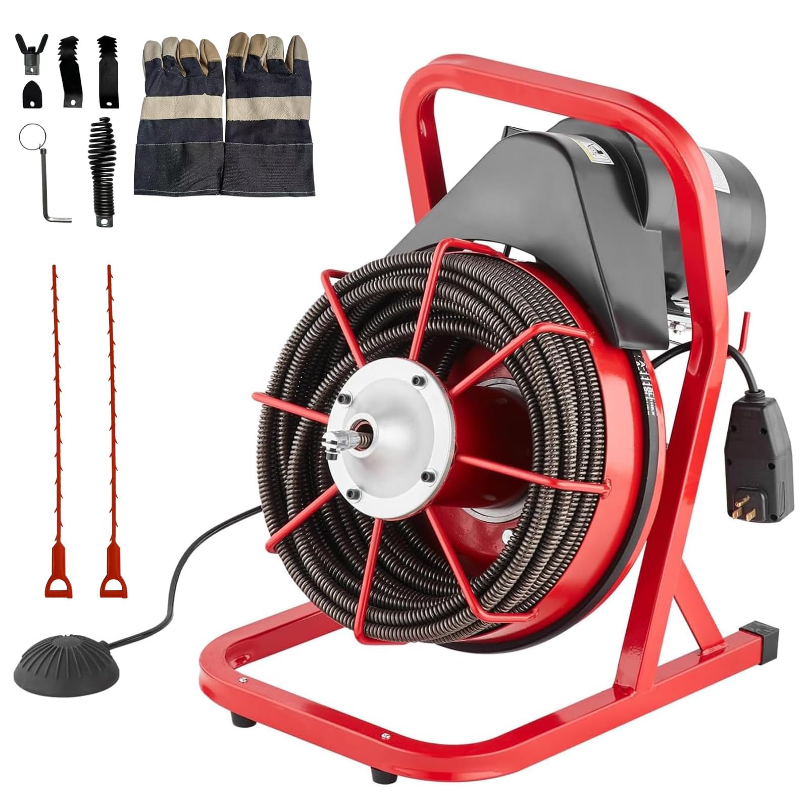 Drain Cleaner Machine 75FT x 1/2 Inch - Sewer Snake Auger Manual Feed, 400W Electric Drain Cleaning Machine with 6 Cutters &amp; Foot Switch for 1 in to 4 in Pipes