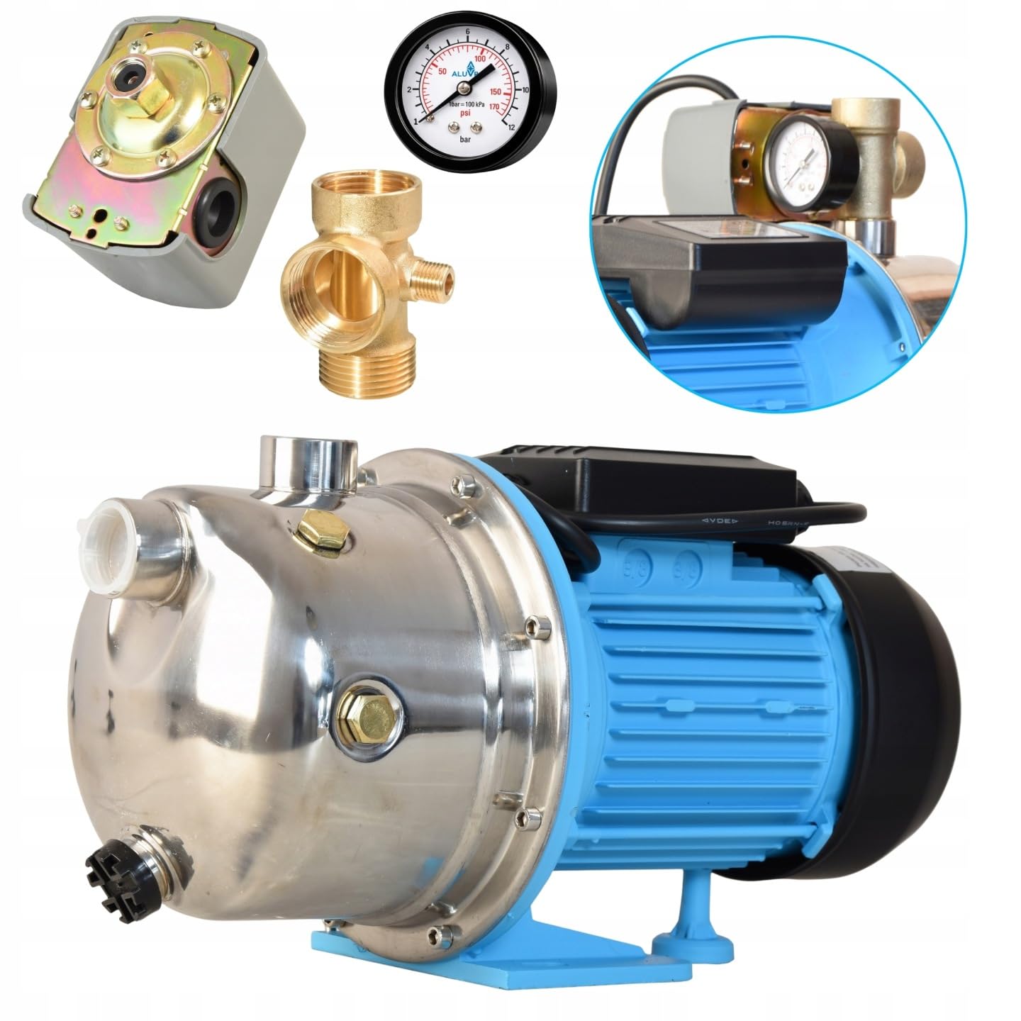 Pompe à Eau JX 1100 - Pompe de Surface (1100 W, 3600 l/h hauteur de refoulement 50 m) avec Manomètre Pressostat Raccord 5 Voies - Acier Inoxydable INOX - Pompe d’arrosage de Jardin - pour le Réservoir