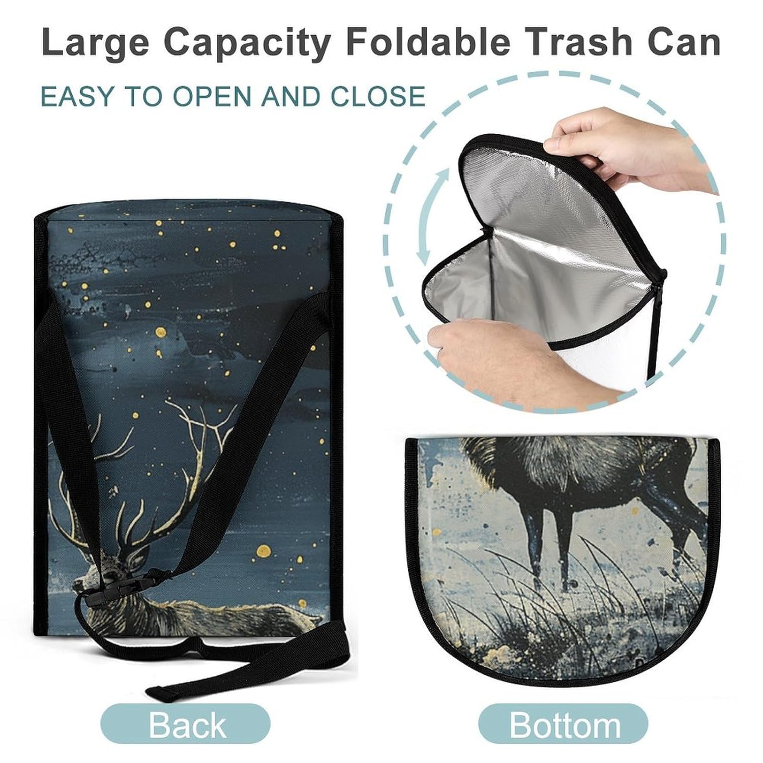 MUSM Leakproof Car Trash Can 2.5 Gallon, Durable Automotive Garbage Bag with Waterproof Liner, Painting Under Moonlight Trash Bag for Car, Truck, RV & Bathroom