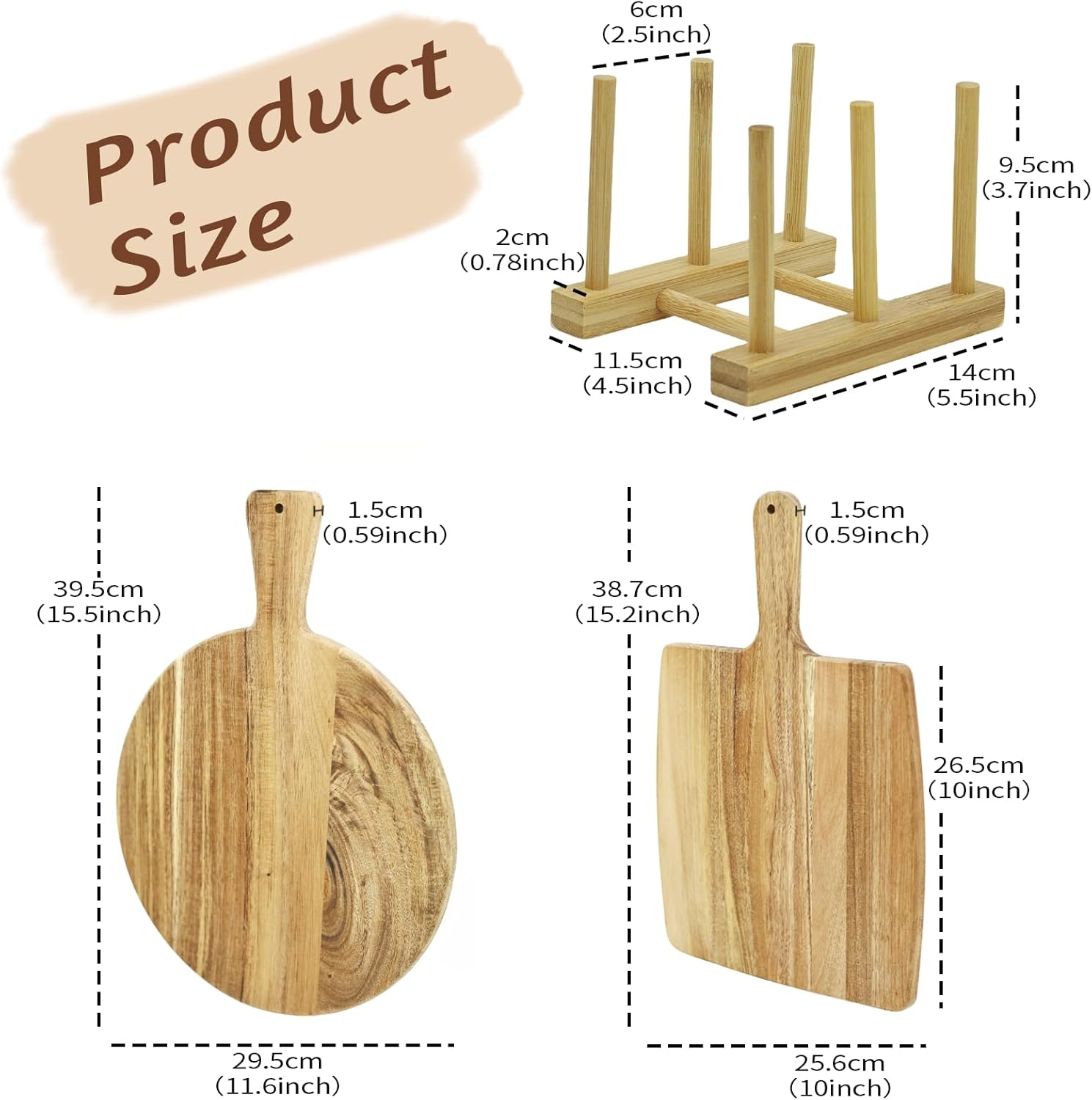 2 Pcs Acacia Wood Cutting Board Set with Stand, Round Cutting Board Kit, Cutting Board with Handle, a Free Stand is Included, Suitable for the Kitchen, Ideal for Serving Cheese, Meats, Pizza