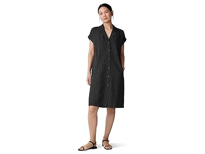 Eileen Fisher Cotton Blend Stripe Stitch Notch Collar Shirt Dress Women