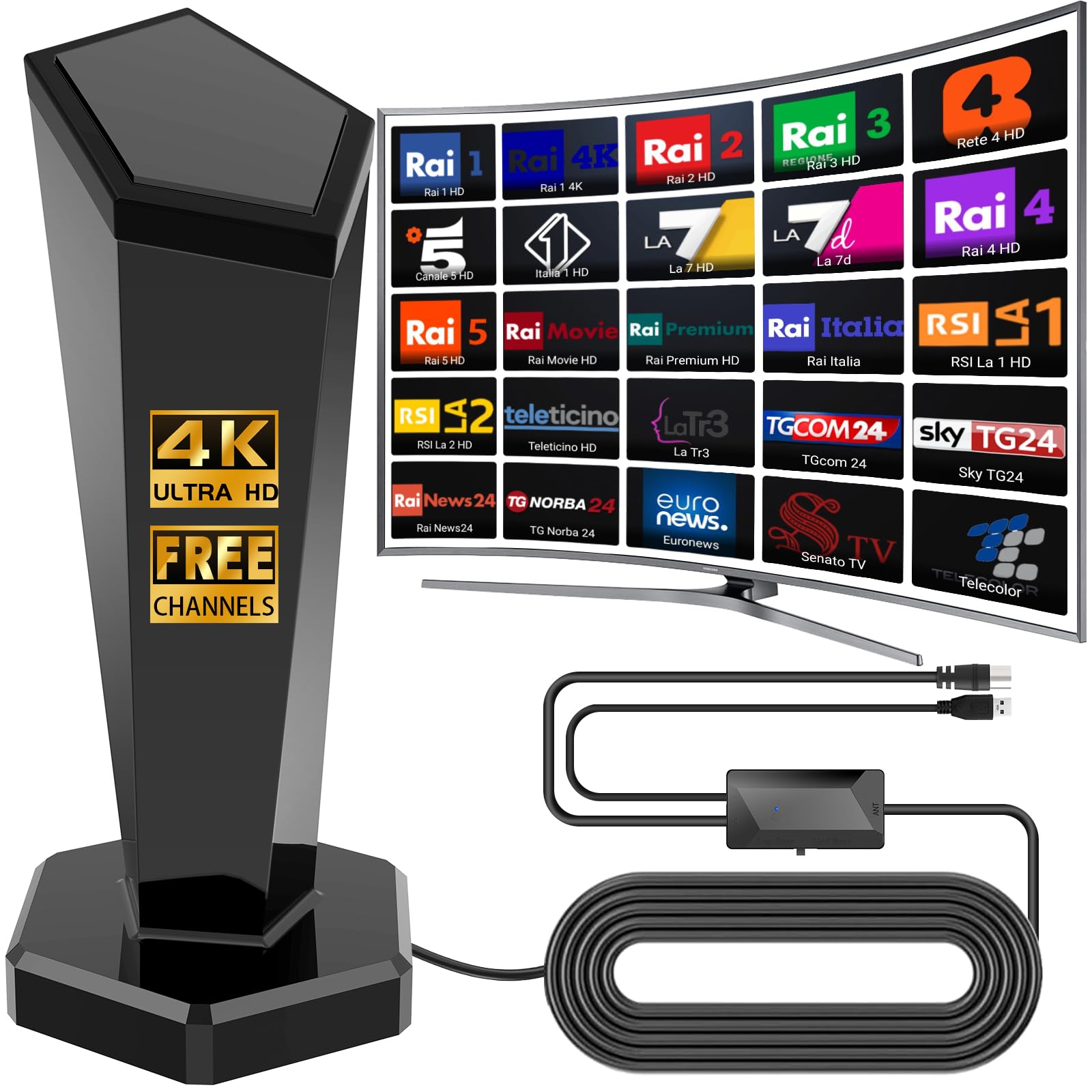 Antenna TV Interna, Antenna Tv Interna Amplificata Potente | Ricezione 360° fino a 500 km con Base Magnetica,Supporto HD/4K/1080,adatta per la ricezione di canali locali