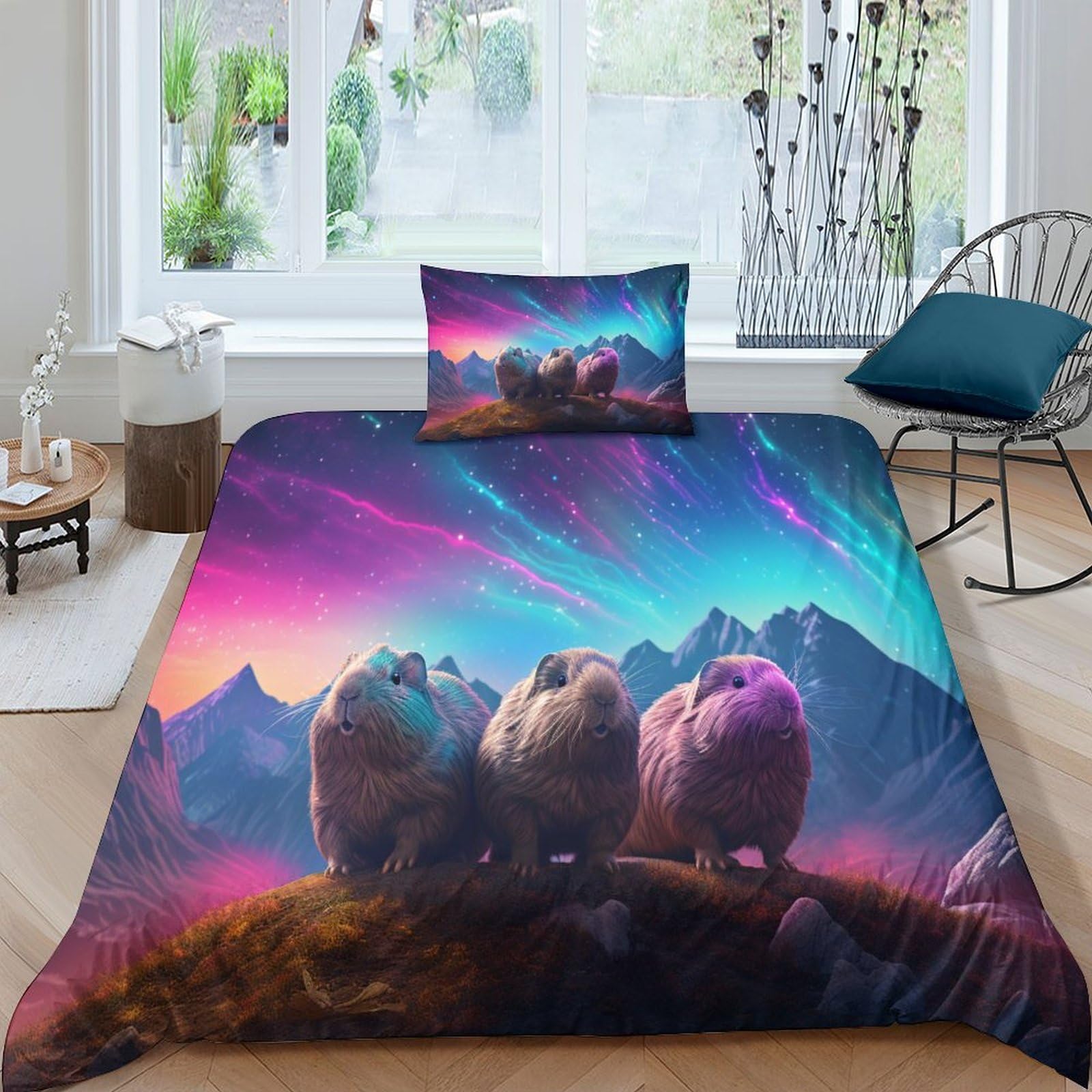 Parure de lit cochon d'inde en microfibres 3D avec housse de couette 135x200 et taie d'oreiller