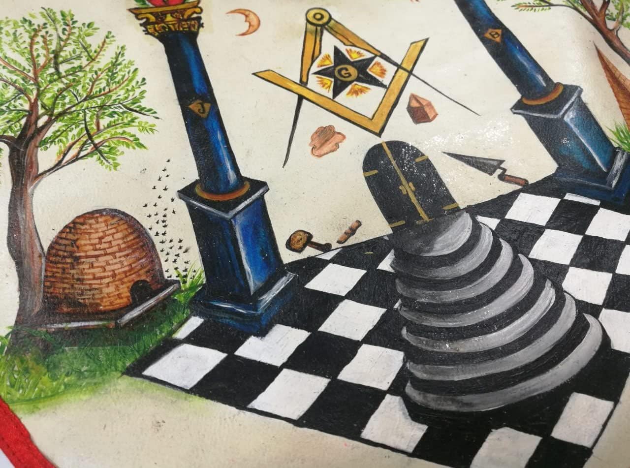 BRICKS MASONS Hand-Painted Apron - Lambskin The Two Pillars of Jachin and Boaz