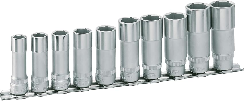 HAZET 880LG/10H 240 mm 6-Point Hexagon Traction Profile Socket Set - Chrome-Plated/Polished