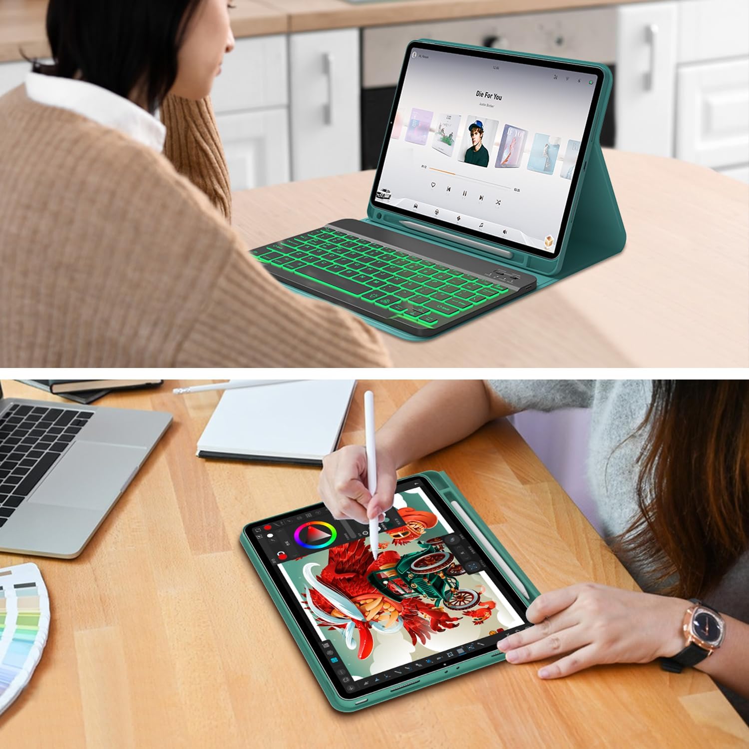 Keyboard Case for iPad Air 11-inch (M3 2025 / M2 2024), 7 Color Backlit Detachable Bluetooth Keyboard Cover with Pencil Holder, Multi-Angle Stand, Green