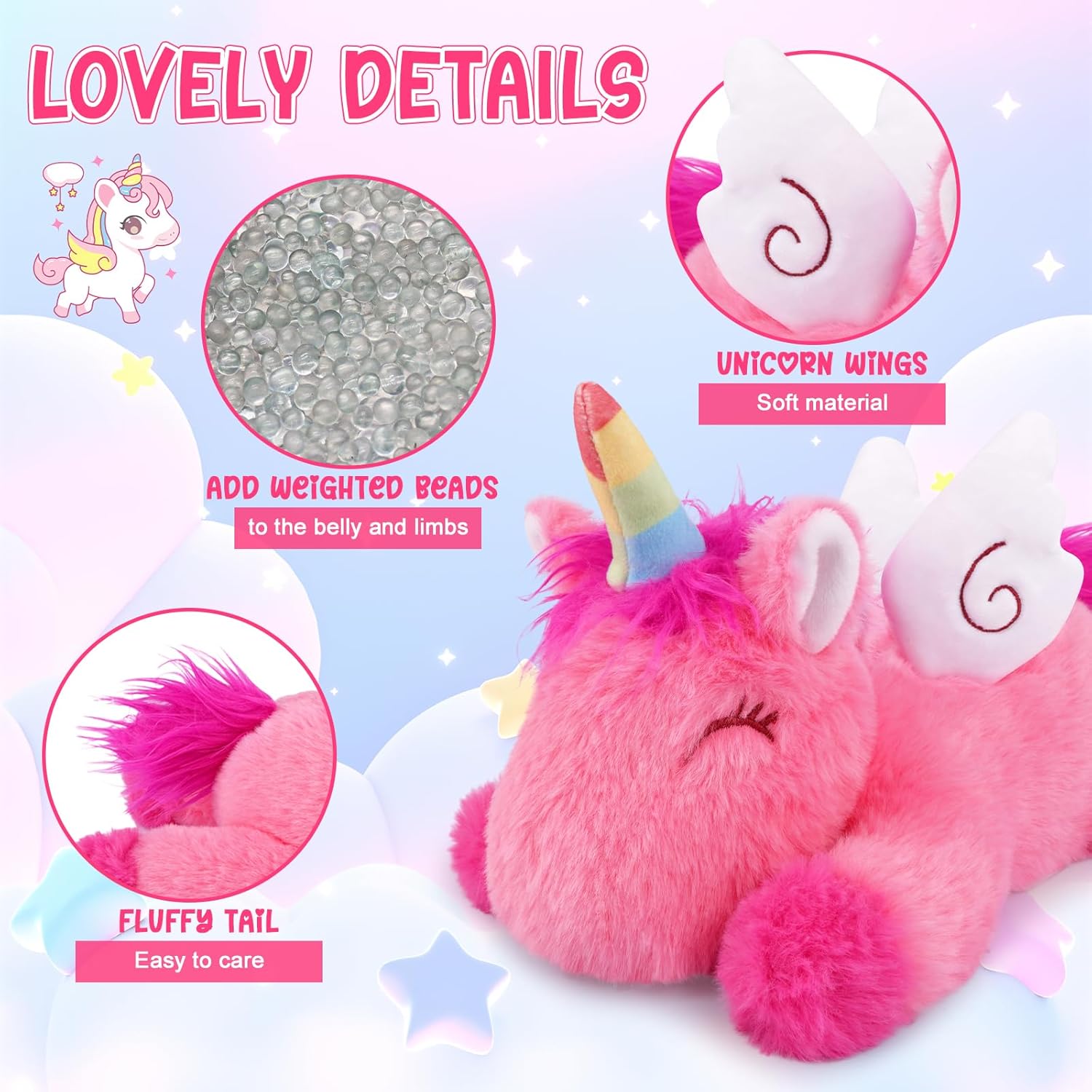 Weighted Unicorn Plush - 11" Pink Unicorn Stuffed Animal for Girls, Cute Huggable Weighted Stuffed Animals Soft Sensory Plushie Toy 0.8 lbs, Birthday Gifts for Kids & Adults
