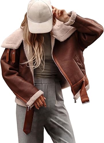 Miniatura 8 de JOFOW Chaquetas de gamuza para mujer, con solapa, cuello de vellón, con cinturón, forro de franela, abrigos, holgados, a la moda, talla extra grande