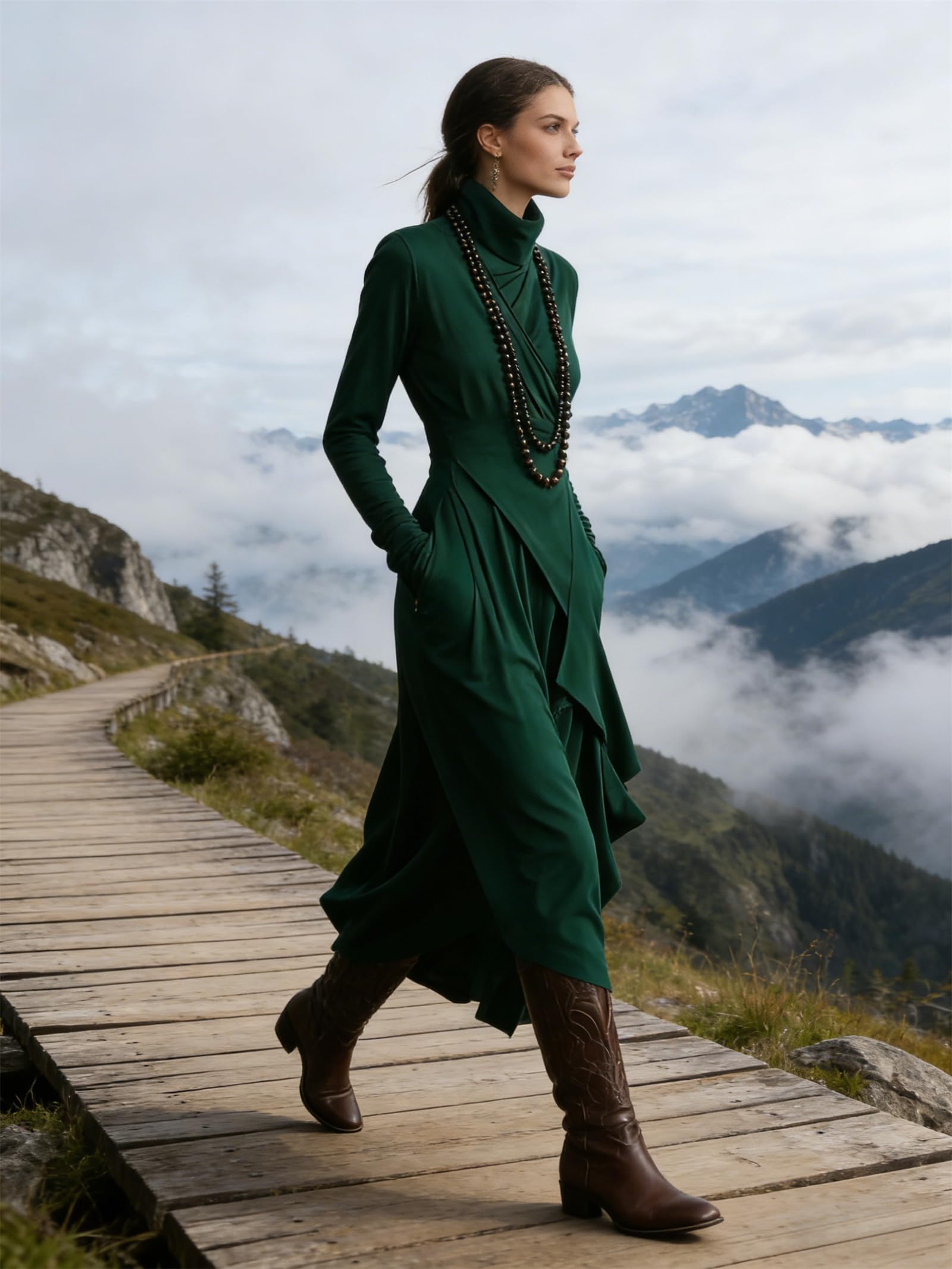 Damska sukienka z długim rękawem, elastyczna dzianina, falbana, asymetryczna, z golfem, solidna, modna, zachodnia, elegancka, bodycon, boho, bawełna, drapowana, maxi, zimowa, koktajlowa, z wysokim