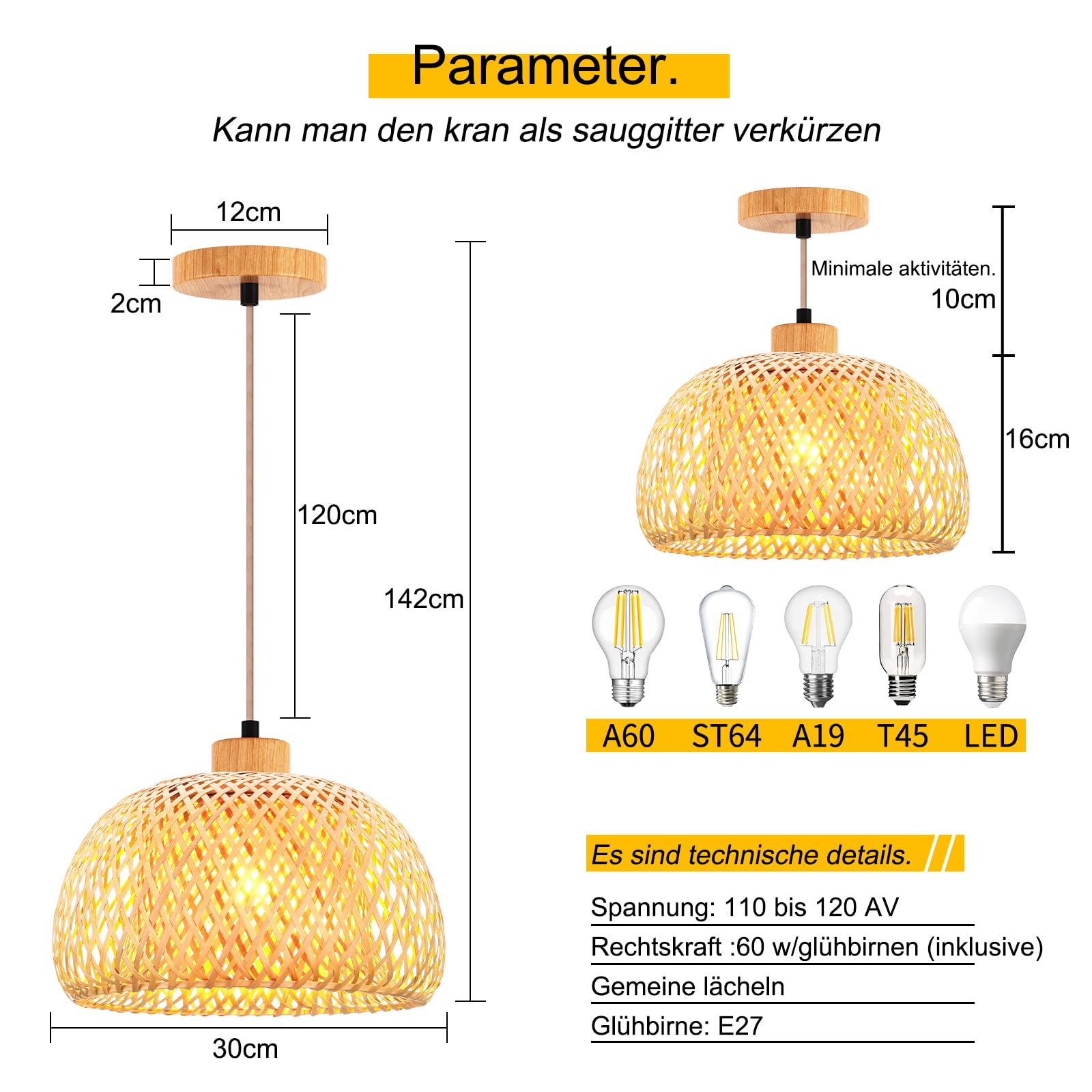 FRIDEKO HOME Hängelampe Rattan Natürlicher Bambus Pendelleuchte Esstisch mit E27 Fassung,Boho Lampe Deckenlampe Korb Lampenschirm Rattan für Schlafzimmer Wohnzimmer Flur Küche