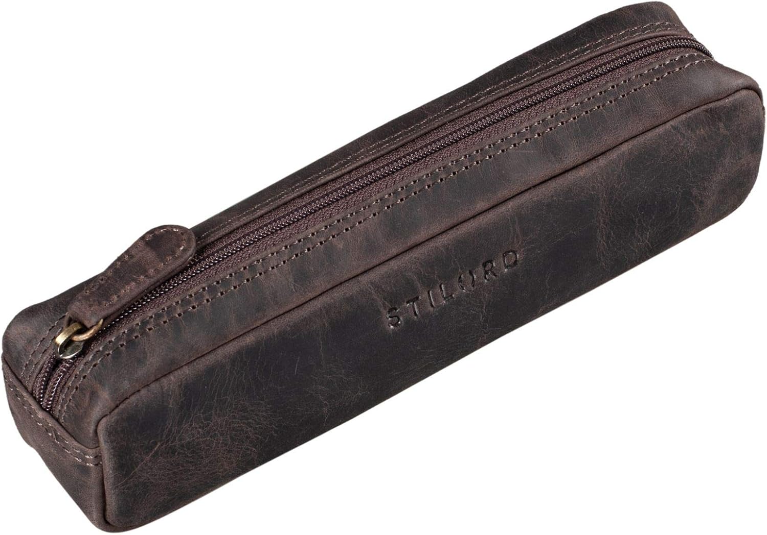STILORD "Preston" Pencil Case Leather Vintage Pen Pouch Round Organiser Gift for Women Men Stationary Slim in Genuine Leather Colour:Dark