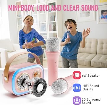 UPGRADE Karaoke Machine for Kids Adults, Portable karaoke machine with 2 microphones,5 LED Party Lights & 12 Voice Effects, Kids toys girls toys Christmas Birthday Gifts for Girls Aged 3-18 Years Old