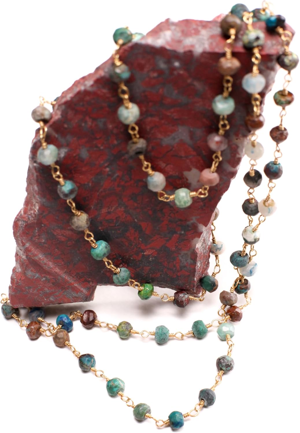Natural Chrysocolla 4.5mm faceted roundel wire wrapped rosary gold chain Necklace