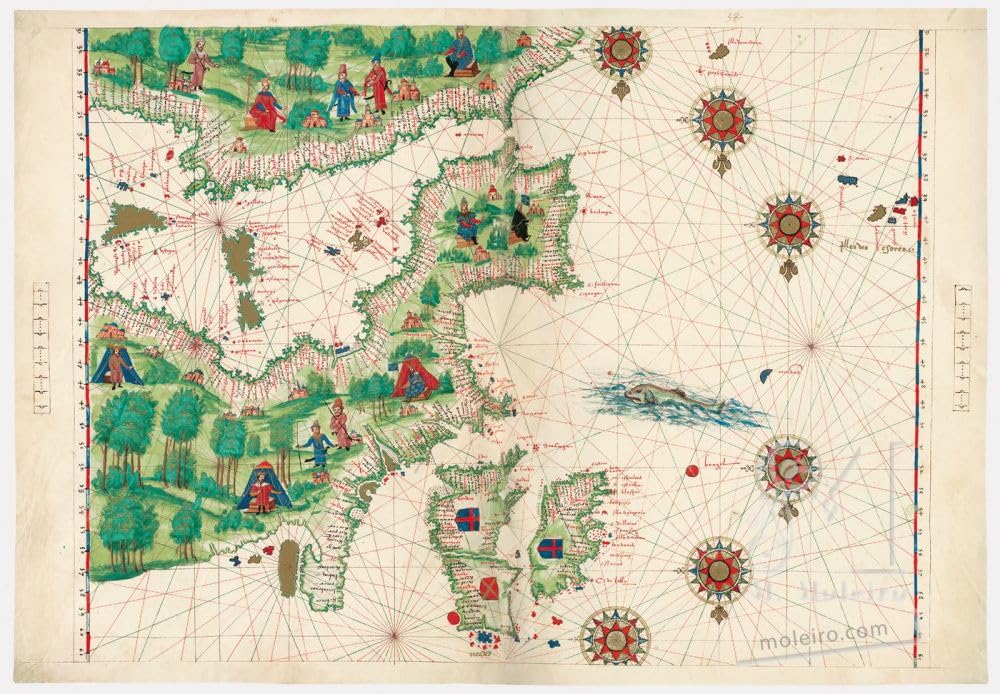 Carte de l'Europe et de l'Afrique du Nord en papier parchemin comme du papier doré aka pergamenata ou pergamenate de l'ATLAS VALLARD – Taille réelle 39 x 51 cm