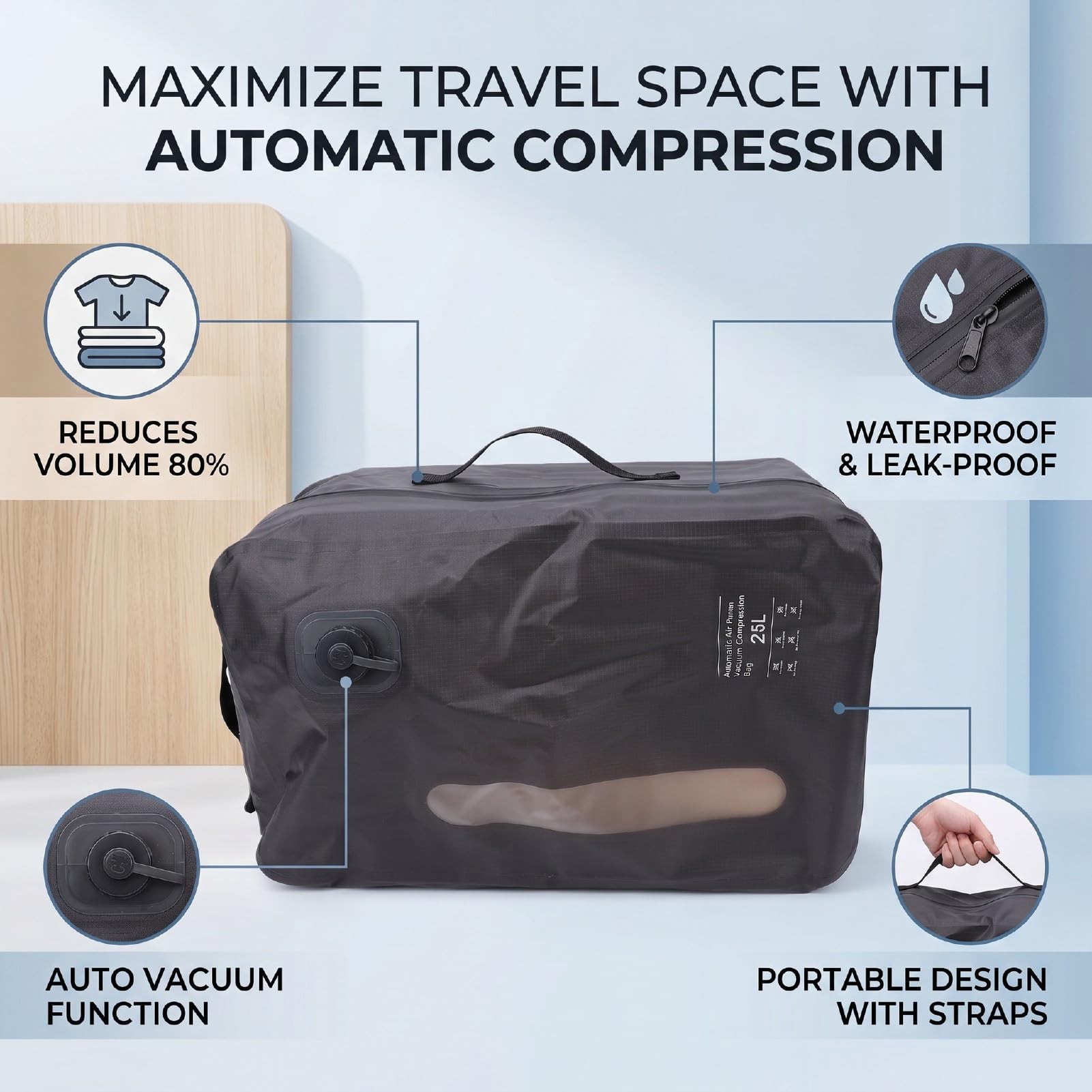 Bolsa de Viaje Al Vacío, Bolsa de Sellado Al Vacío a Prueba de Fugas de TPU de 25 L, Resistente, Duradera y Ultraligera, de Viaje de Compresión Versátil de 46 X 28 (GRAY)