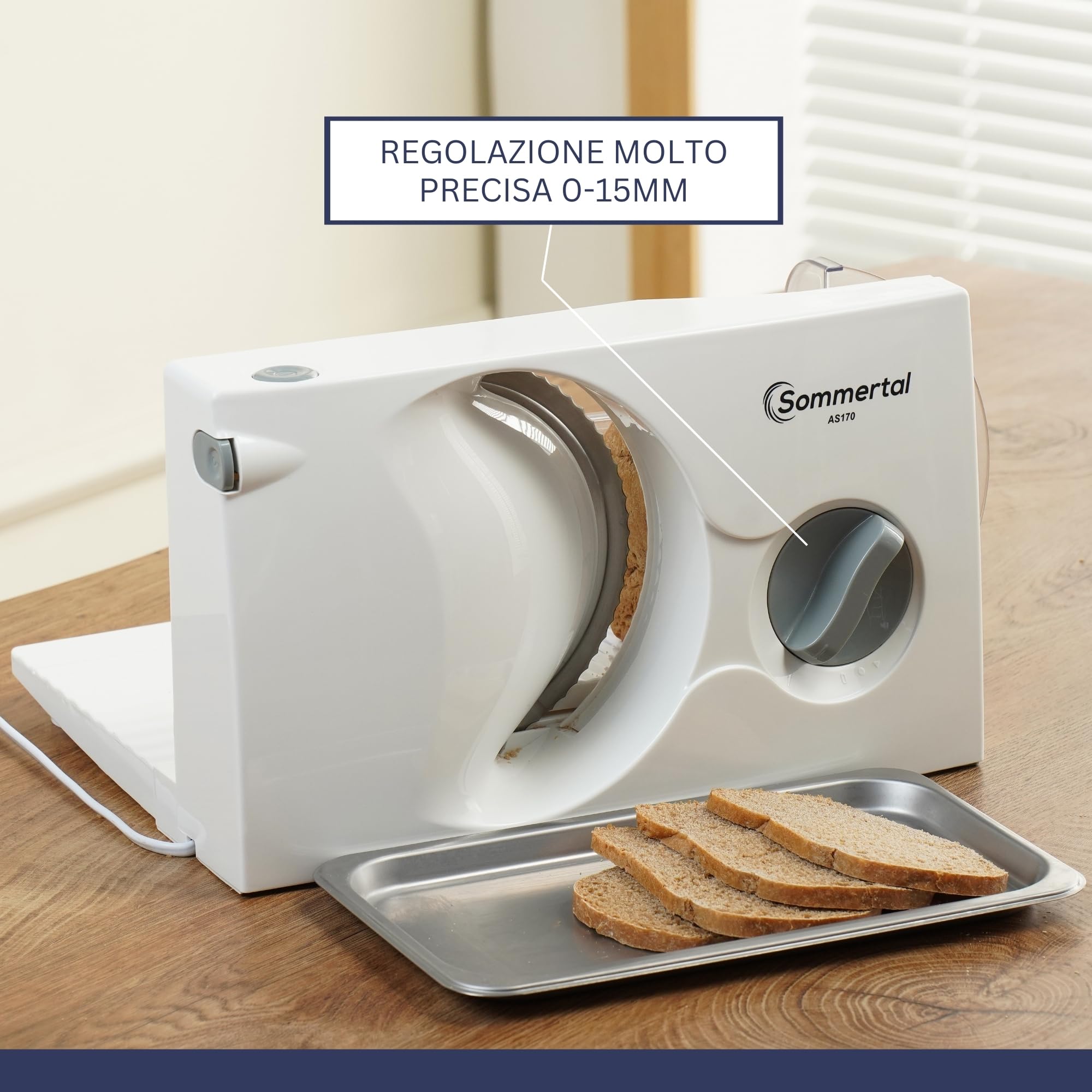 Sommertal Affettatrice universale AS170 150 W in acciaio inox con lama seghettata, pieghevole e salvaspazio, affettatrice elettrica, affettatrice professionale, bianca, 0-15 mm