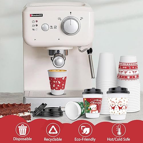 Miniatura 4 de 60 juegos de tazas de café desechables de Navidad con tapas y mangas, tazas de chocolate caliente aisladas de papel de 12 onzas para suministros de