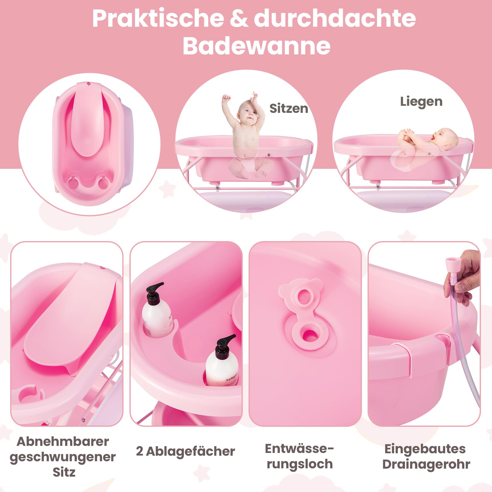 COSTWAY 4 in 1 Wickeltisch klappbar mit Badewanne, tragbare Wickelkommode mit Wickelauflage, mobile Wickelstation mit Universalrädern für 0-12 Monate Baby, bis 35 kg belastbar (Rosa)