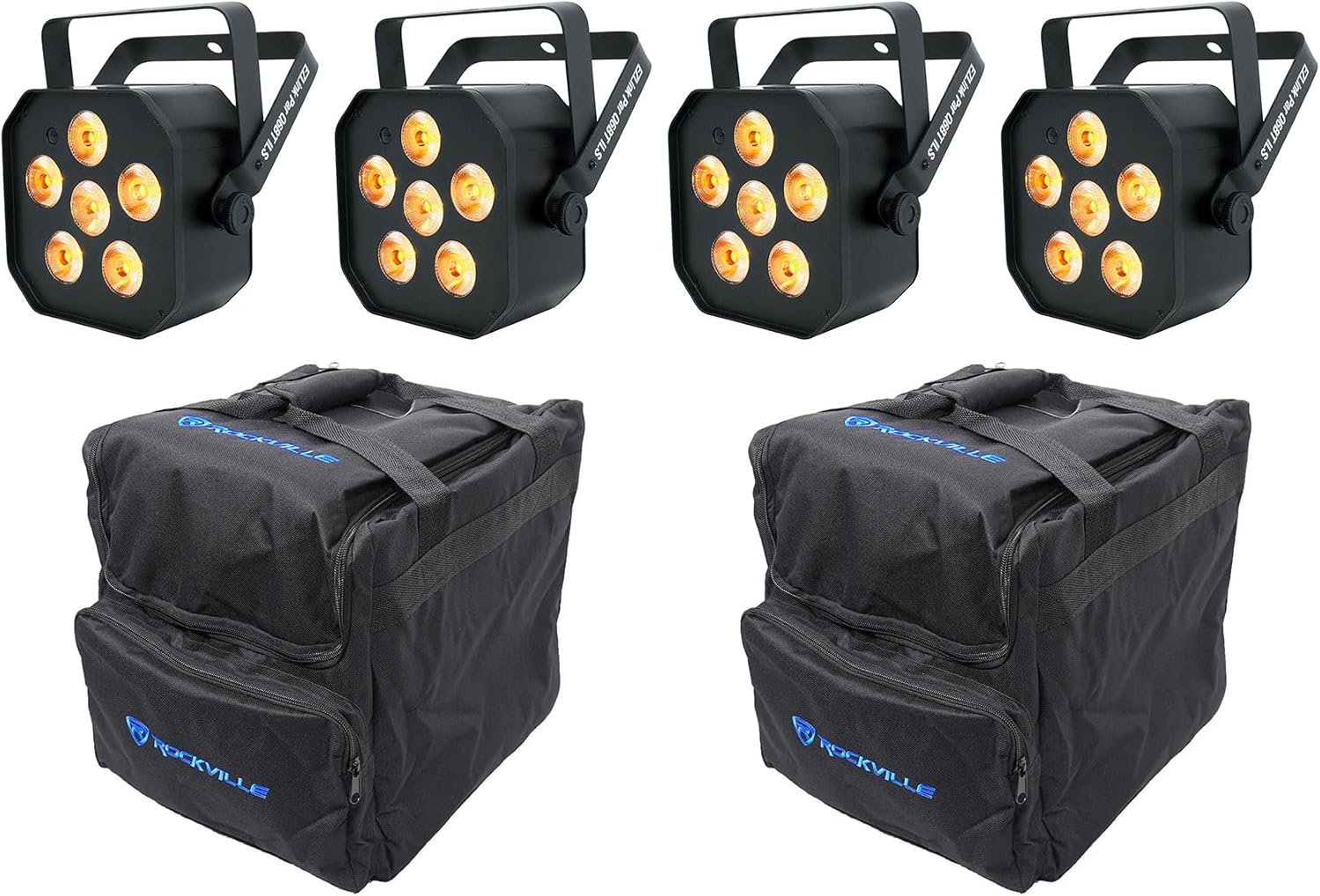 Audiosavings Bundle: (4) Chauvet DJ EZLink Par Q6BT ILS RGBA Bluetooth Rechargeable Par Can Wash Up-Light Bundle with (2) Rockville RLB40 Padded Travel Bag (6 Items)