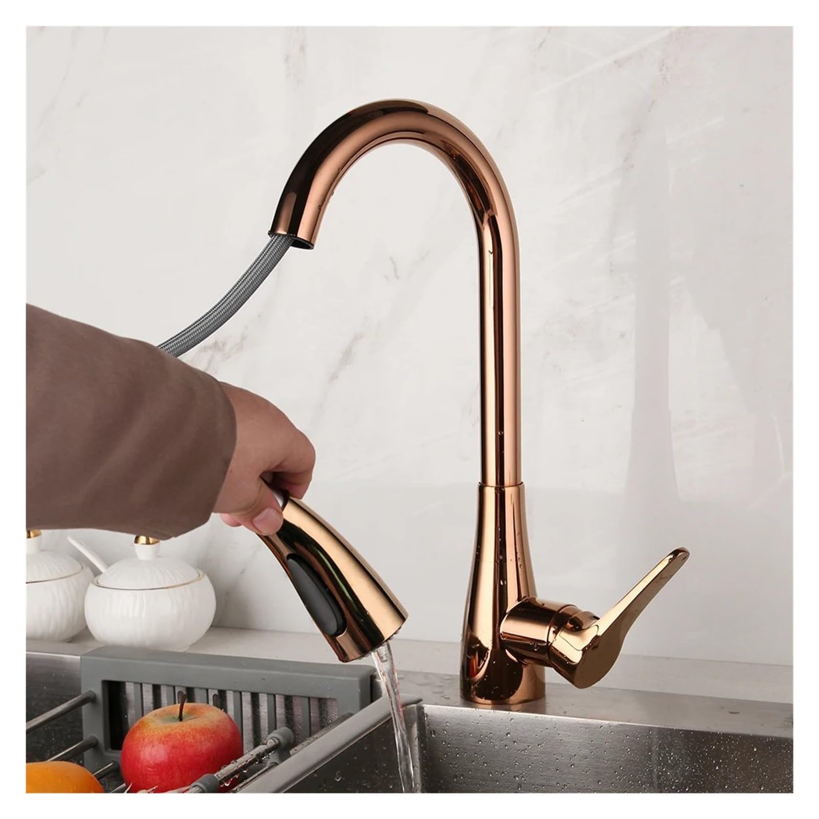 Robinet à jet rétractable et mitigeur pour évier de cuisine en finition or rose durable