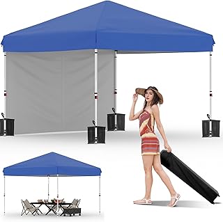 10x10 Pop Up Canopy Tent with 1 Removable Sidewall, Heavy Duty Commercial Instant Shelter with One-Person Setup, UPF 50+ Waterproof, 100 Sq Ft Shade for Outdoor Events, Camping, Farmers Market
