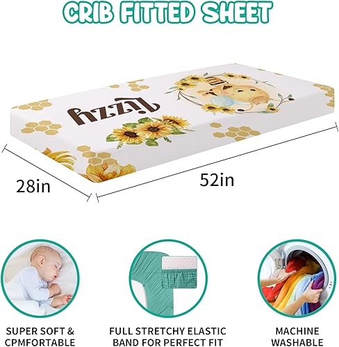 Miniatura 5 de Juego de ropa de cama personalizado para cuna 5 piezas de regalo personalizado con patrón de abeja con nombre, juego de ropa de cama de guardería