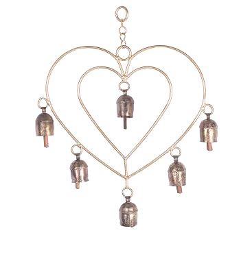 Ethnics of Kutch Hand Made Metal Bells Wrought Iron Copper-Zinc Coated Home Décor Chimes Cow Bell - Double Heart - 6 Bel