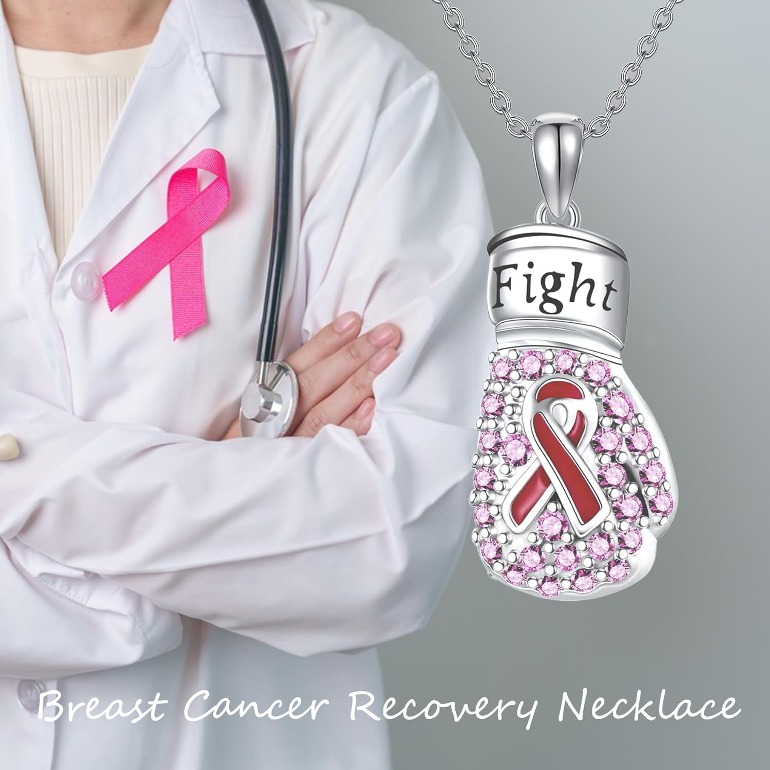 Breast Cancer Necklace 925 Sterling Silver Pink Ribbon Boxing Gloves Necklace Breast Cancer Survivor Jewelry for Women - Image 6