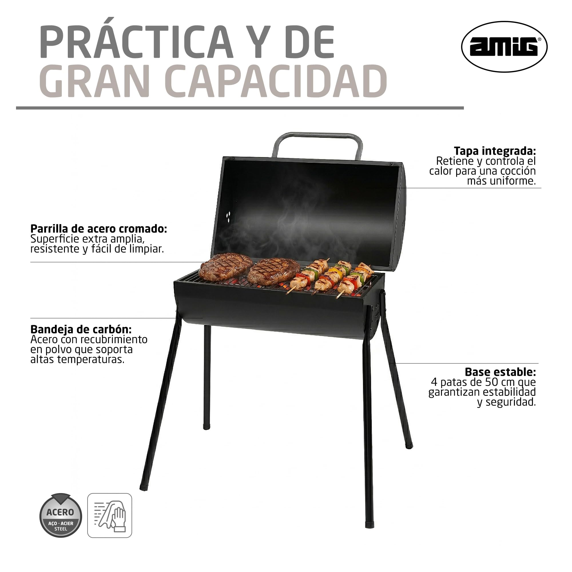 Amig - Barbacoa de carbón - 83 x 58 x 84 cm - Negro - Fabricado en Acero - para jardín y patio con uso familiar y reuniones con montaje sencillo limpieza cómoda y calidad consistente. Mod. KALDERA
