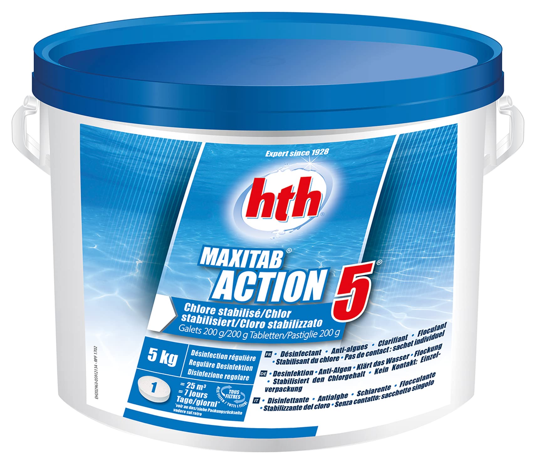 HTH MAXITAB Action 5 Galet 200g - 5kg | Chlore Lent Stabilisé Multiaction - Désinfection Régulière Multifonction - Dissolution Lente + 10 Tests HPS OFFERTS 6 en 1