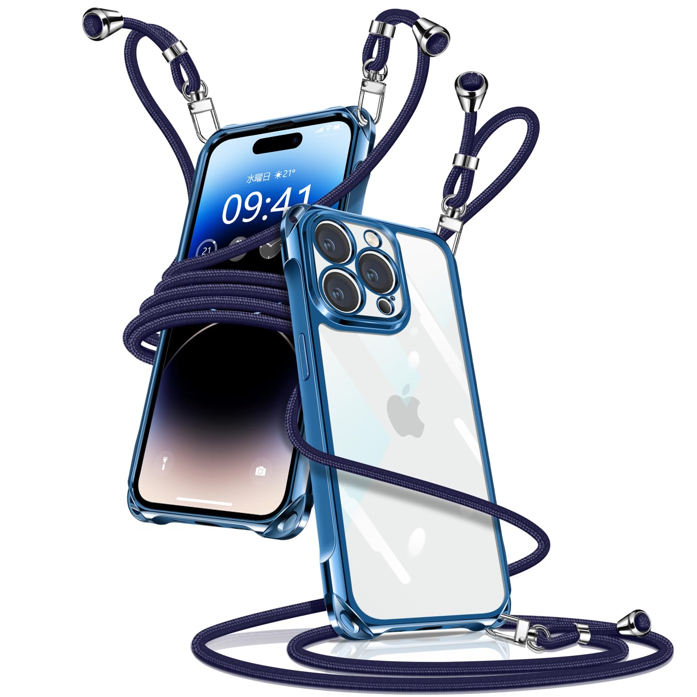 Muciyazi 用の iPhone 14 Pro ケース クリア ショルダー アイフォン14Pro カバー 肩掛け 斜めかけ 縄掛けケース 透明 薄型 軽量 TPU 携帯ケース 紐付き 長さ調整可能 取り外し可能 落下防止 紛失防止 ワイヤレス充電対応(ブルー)