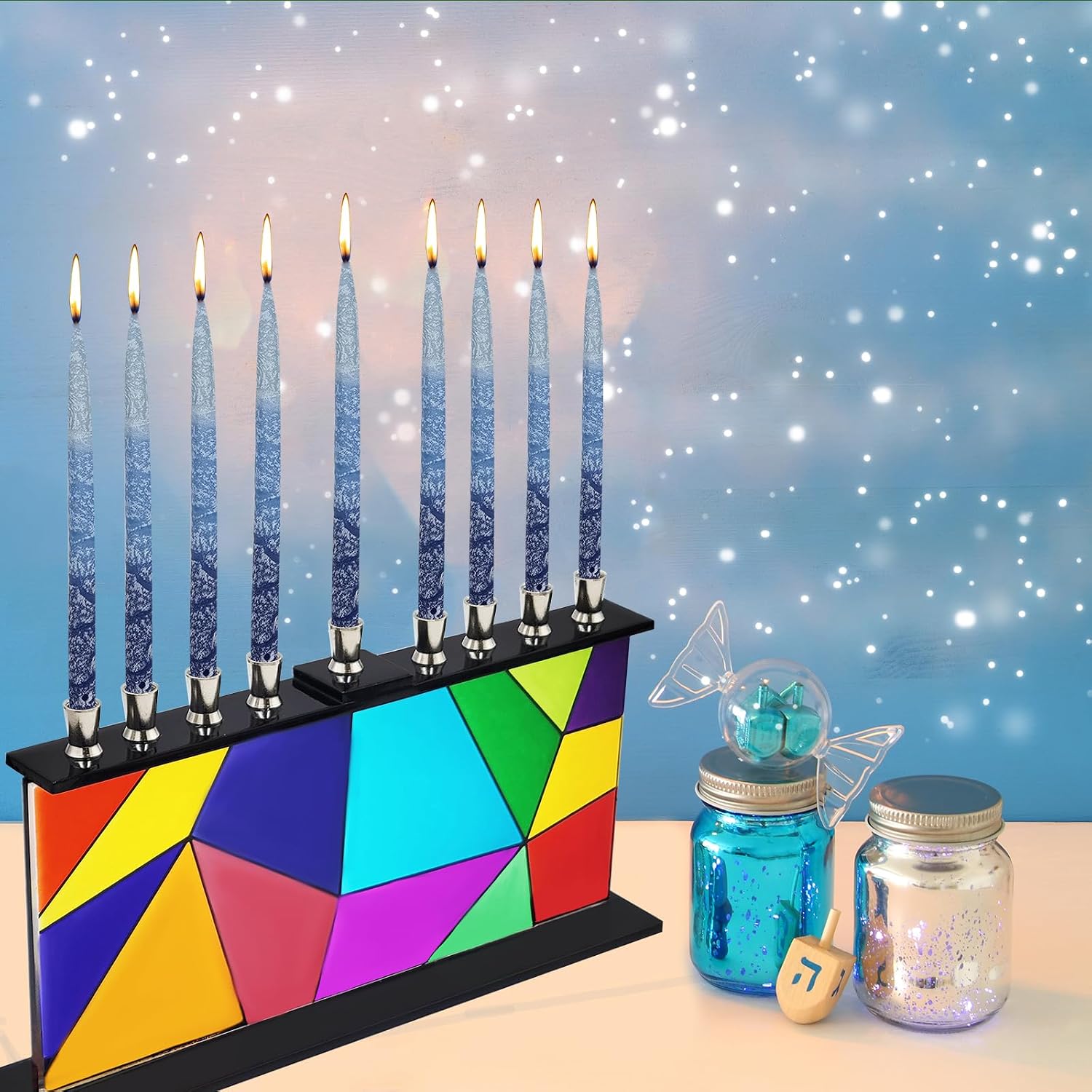 The Dreidel Company Geometric Design Glass Candle Hanukkah Menorah, Handcrafted Design, 11 Inch