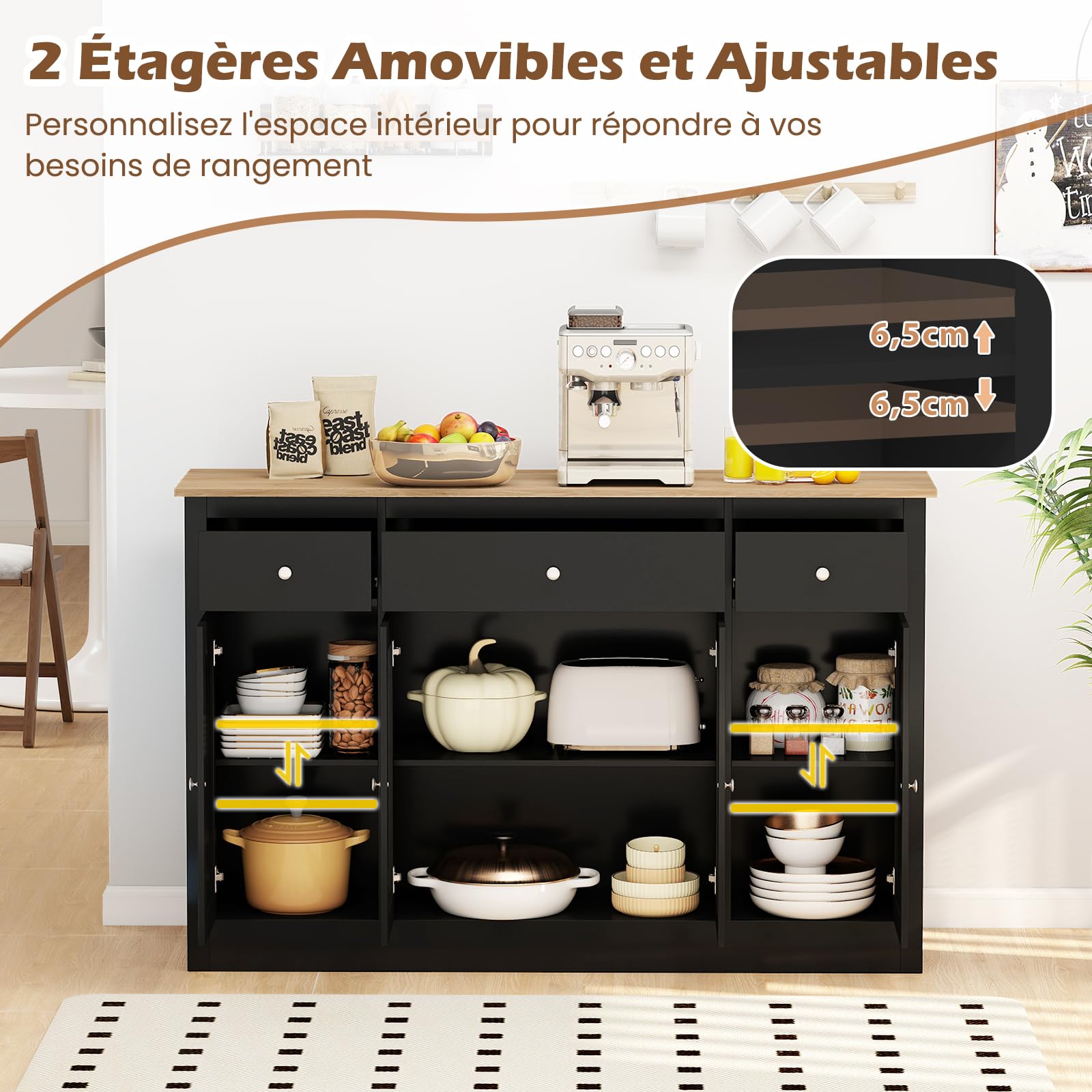 COSTWAY Buffet, Meuble de Cuisine avec 3 Tiroirs, 2 Portes Vitrées, Étagères Réglables, Style Compagne, Kits Anti-basculement, 140 x 40 x 90 cm, Meuble de Rangement pour Salle à Manger, Salon (Noir)