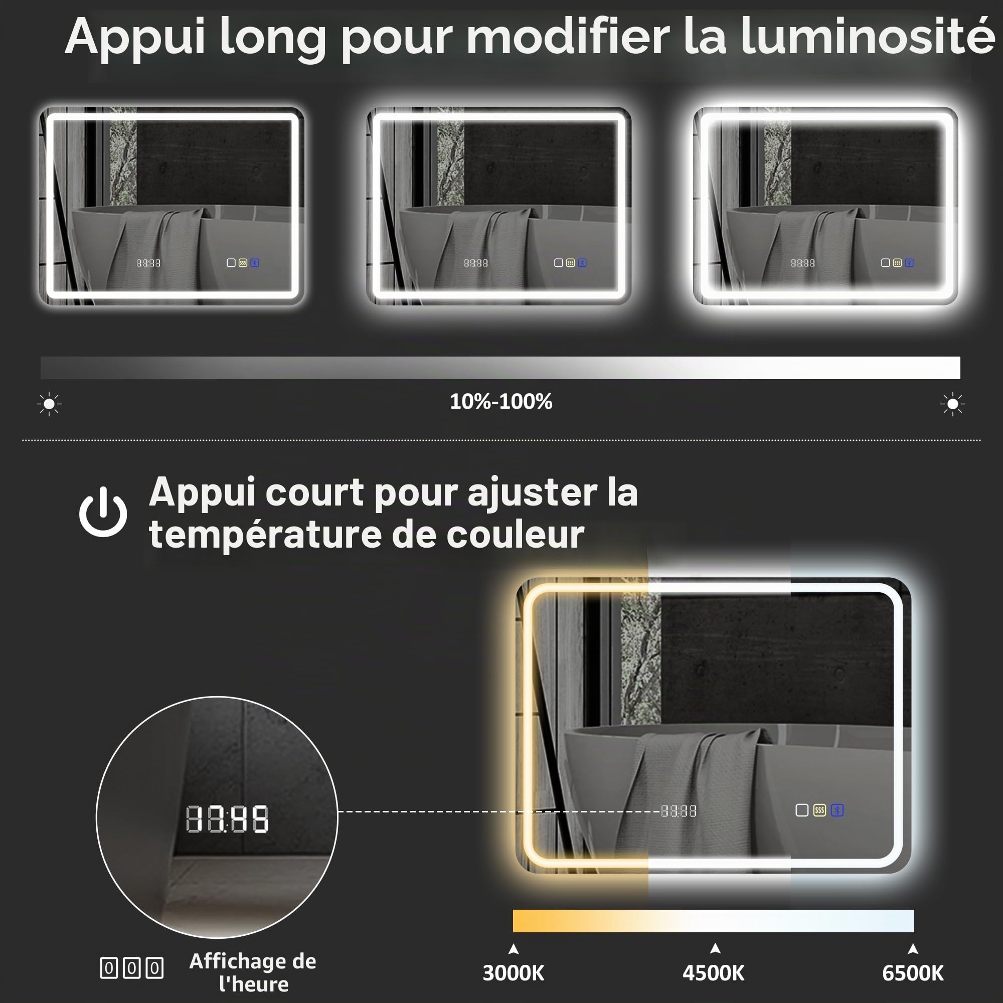 HOMCOM Miroir de Bain avec éclairage mémoire Horloge 70x90cm Argent