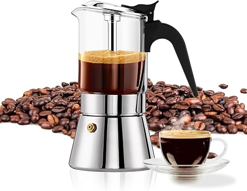 Miniatura 8 de YOLIFE Estufa superior de cristal de alta calidad con válvula de presión, cafetera de acero inoxidable de 4 tazas de 5.4 fl oz5.6 oz