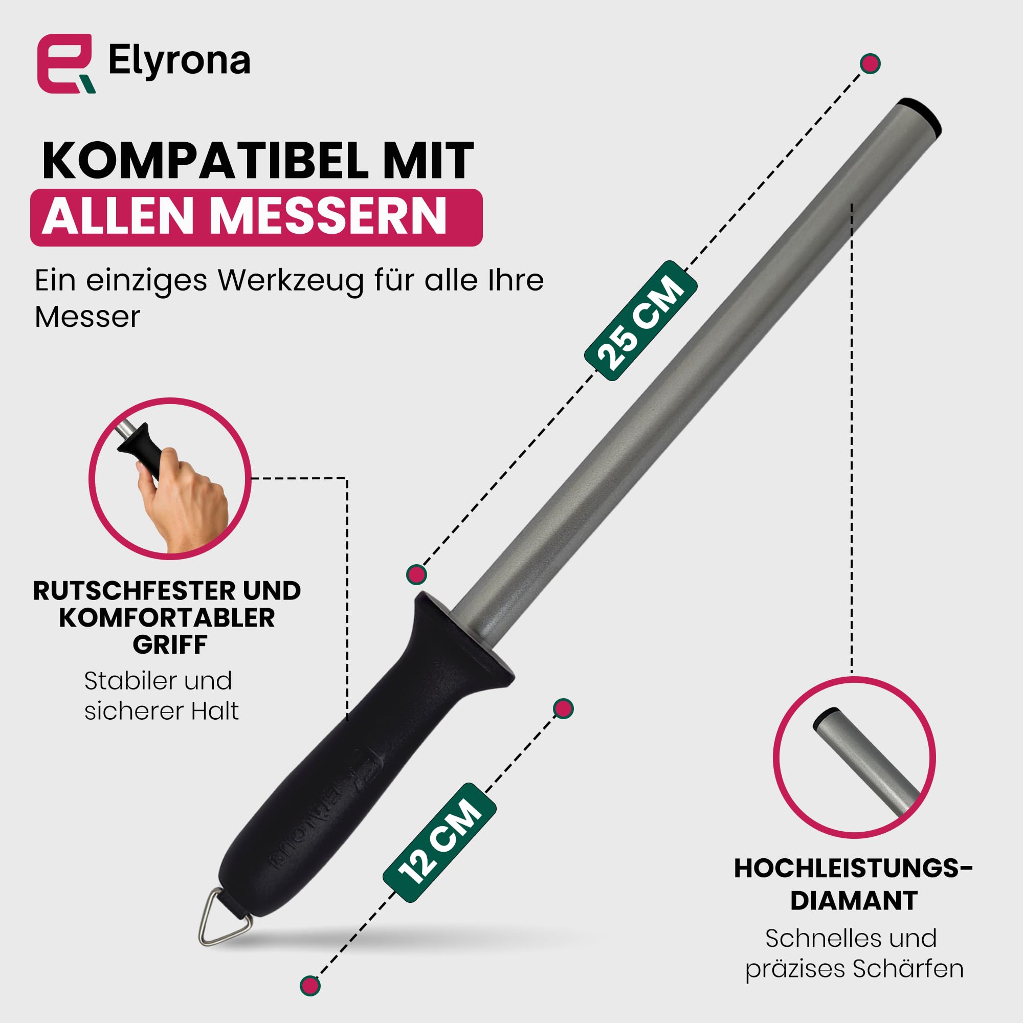 Messerschärfer Diamant 25cm – Profi Wetzstahl für Messer & Küchenmesser – Messerschleifer & Schleifstab mit Anti-Quetsch-Griff – Hochwertiger Edelstahl – Inkl. Reinigungsbürste