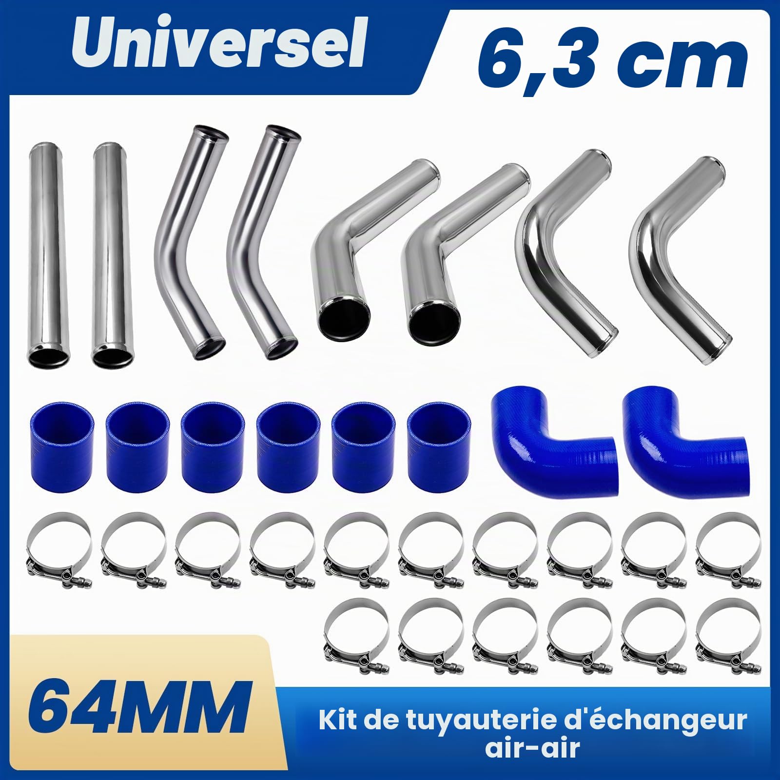 maXpeedingrods Kit de tuyauterie de 2.5 pouces universel | pour refroidisseur intermédiaire Turbo en aluminium et tuyau en silicone bleu, kit intercooler