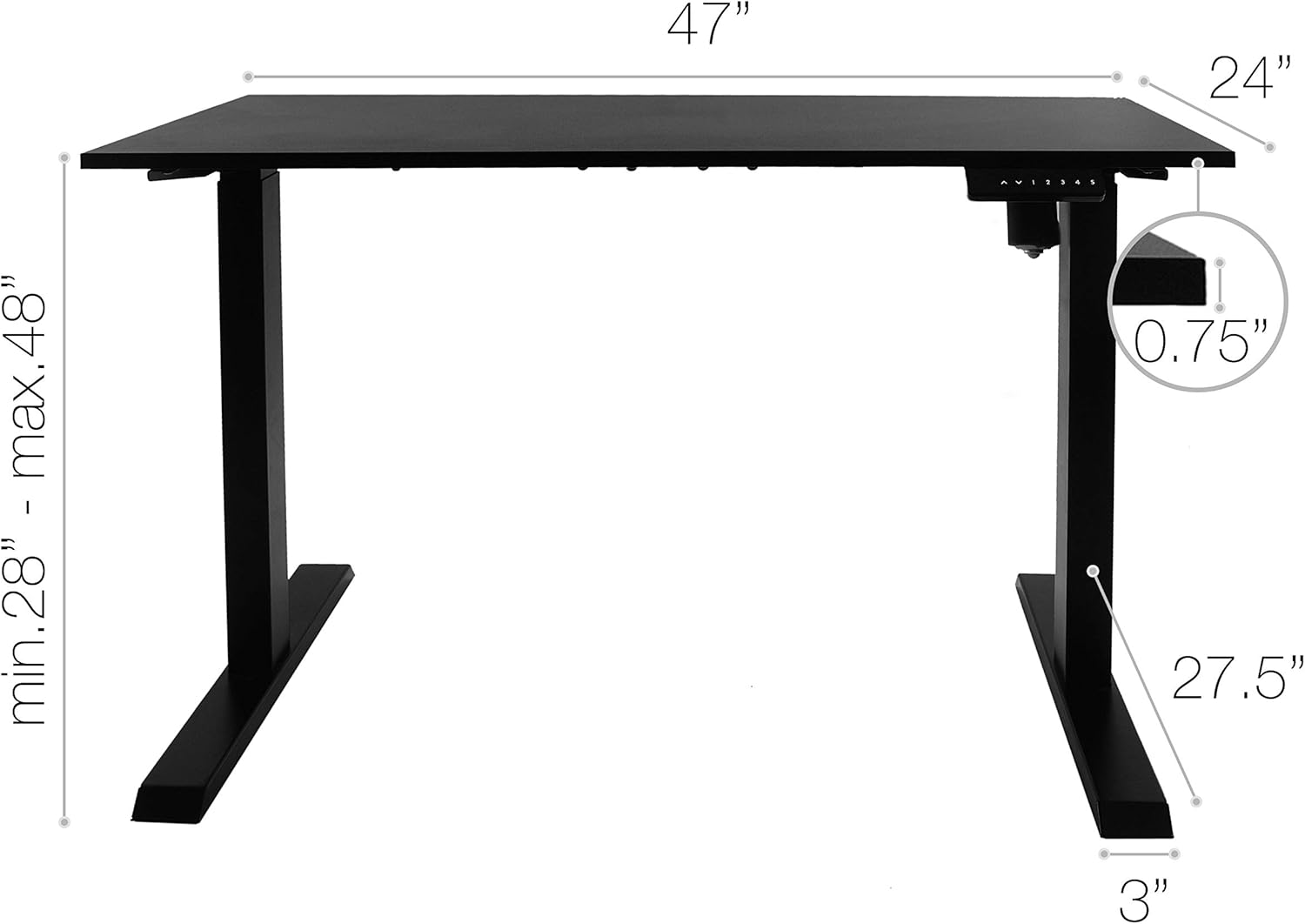 TechOrbits Electric Standing Desk Frame 47 x 24 Inch Tabletop - Motorized Workstation Two Leg Stand Up Desk with Memory Settings and Telescopic Sit Stand Height Adjustment (Black Frame/Black Top)