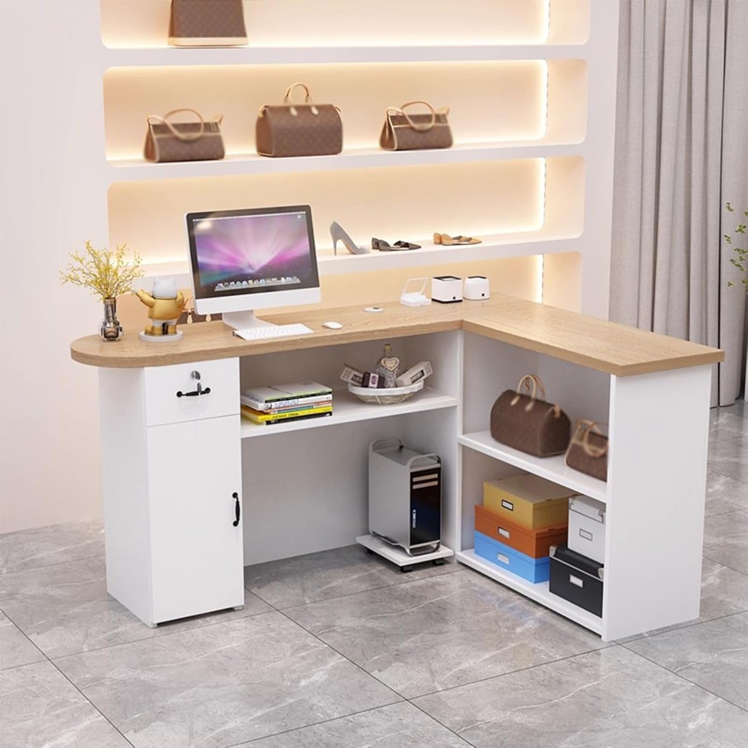 Reception Desk, L-Shaped Table with 3 Open Shelves Lockable Drawers, Usable for Checkout Lobby Beauty Salons(Wood Color+White/Right,130cm)